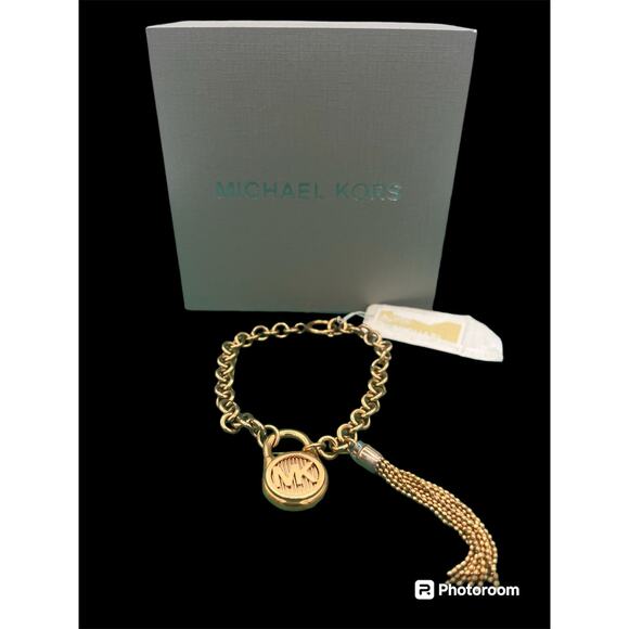 MICHAEL KORS Hamilton Rose Gold Chain Bracelet Padlock Tassel MKJ6820791 +MK BOX - Picture 3 of 4